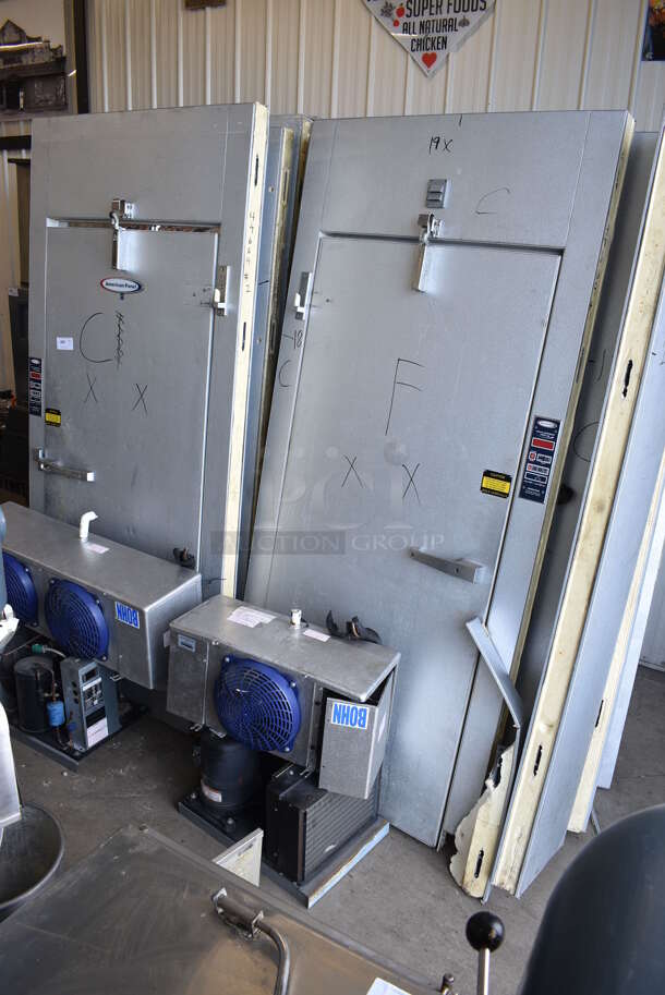 2 FANTASTIC! LATE MODEL! 8'x10'x10' American Panel Walk In Boxes That Make Up One 16'x10'x10' Combo Box w/ Bohn Model LET047BEK Condenser, Tecumseh Model AW613RT-121-P21 Compressor, Bohn Model ADT130BETBK Condenser and Emerson Compressor. 16'x10'x10'. 2 Times Your Bid! - Image 1 of 9