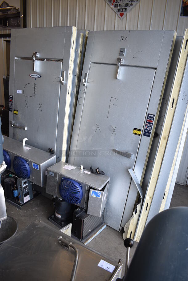 2 FANTASTIC! LATE MODEL! 8'x10'x10' American Panel Walk In Boxes That Make Up One 16'x10'x10' Combo Box w/ Bohn Model LET047BEK Condenser, Tecumseh Model AW613RT-121-P21 Compressor, Bohn Model ADT130BETBK Condenser and Emerson Compressor. 16'x10'x10'. 2 Times Your Bid! - Image 2 of 9