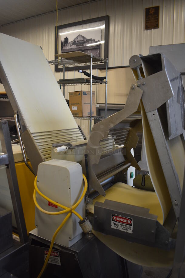 BEAUTIFUL! LATE MODEL! Rondo Stainless Steel Commercial Floor Style Reversible Dough Sheeter w/ Cutting Station. 250 Volts, 3 Phase. 117x42x56. Closed: 77x42x82 - Image 11 of 12