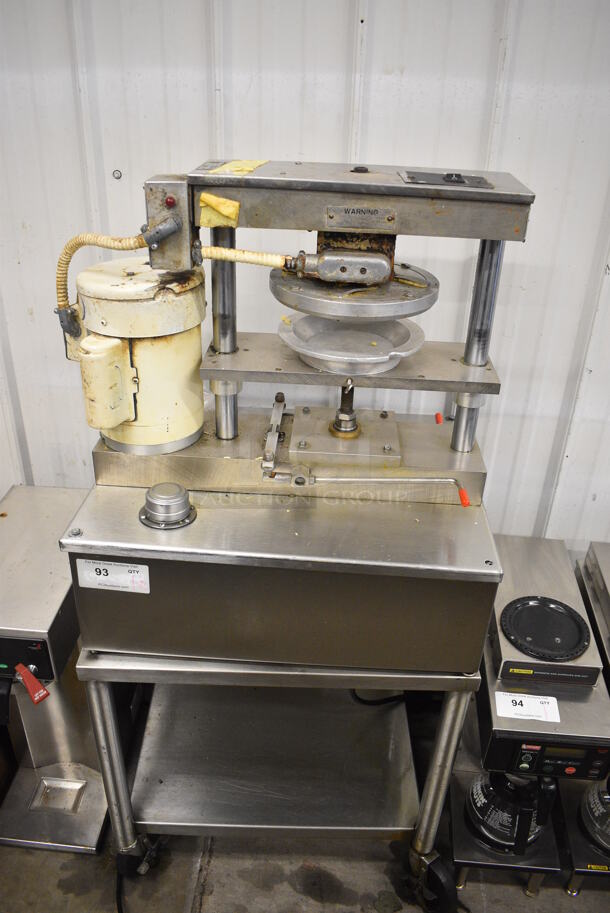 NICE! Comtec Model 1100 Stainless Steel Commercial Countertop Pie Tart Base Crust Press Machine on Stainless Steel Stand. 120 Volts, 1 Phase. 24x20x51. Tested and Working!