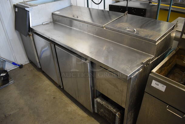 GREAT! Stainless Steel Commercial Pizza Prep Table w/ 2 Lids and 2 Doors on Commercial Casters. Missing 2 Casters. 67x32x45. Tested and Working!