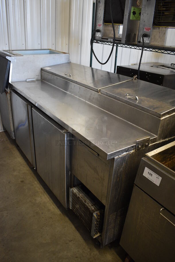 GREAT! Stainless Steel Commercial Pizza Prep Table w/ 2 Lids and 2 Doors on Commercial Casters. Missing 2 Casters. 67x32x45. Tested and Working! - Image 6 of 11