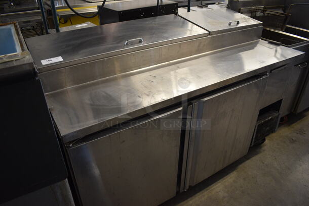 GREAT! Stainless Steel Commercial Pizza Prep Table w/ 2 Lids and 2 Doors on Commercial Casters. Missing 2 Casters. 67x32x45. Tested and Working! - Image 10 of 11
