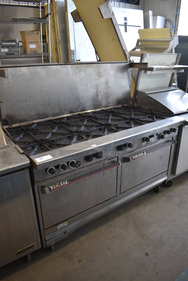 GREAT! Garland Stainless Steel Commercial Gas Powered 10 Burner Range w/ 2 Ovens and Backsplash on Commercial Casters. 60x34x56