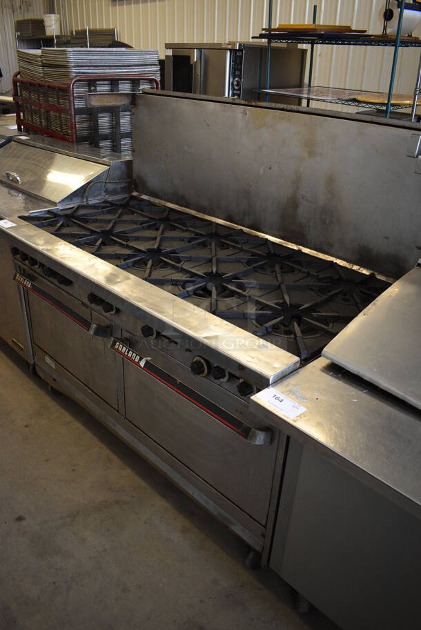 GREAT! Garland Stainless Steel Commercial Gas Powered 10 Burner Range w/ 2 Ovens and Backsplash on Commercial Casters. 60x34x56 - Image 3 of 9