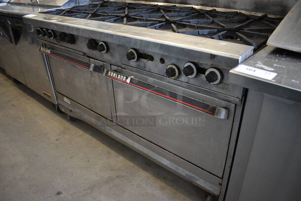 GREAT! Garland Stainless Steel Commercial Gas Powered 10 Burner Range w/ 2 Ovens and Backsplash on Commercial Casters. 60x34x56 - Image 4 of 9