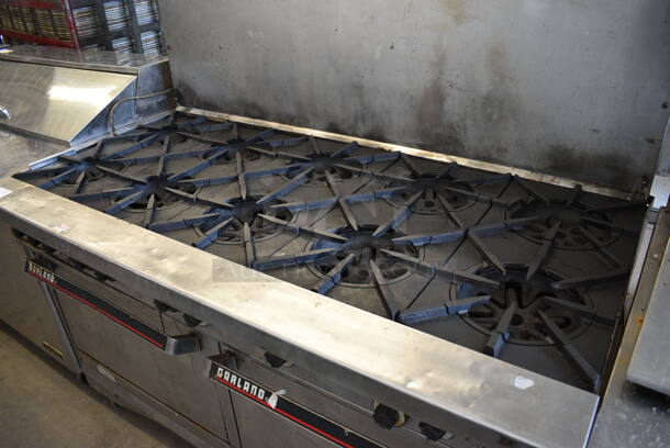 GREAT! Garland Stainless Steel Commercial Gas Powered 10 Burner Range w/ 2 Ovens and Backsplash on Commercial Casters. 60x34x56 - Image 9 of 9