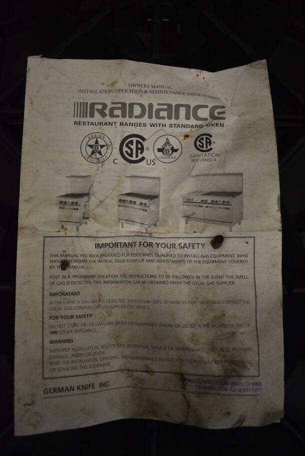 BRAND NEW! SWEET! Radiance Stainless Steel Commercial Gas Powered 6 Burner Range w/ Oven, Overshelf and Backsplash. Comes w/ Manual! 36x32x57 - Image 9 of 9