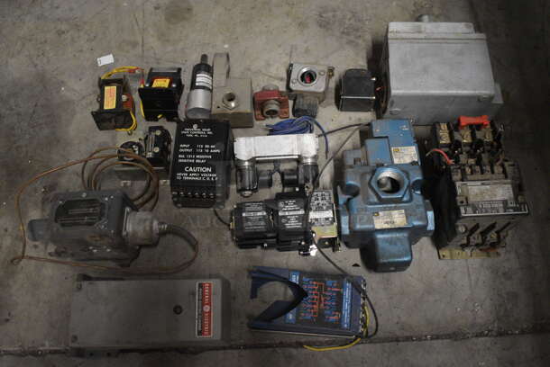 ALL ONE MONEY! Lot of Various Metal Pieces in Poly Bin Including Electric Scanner, AC Relay w Pneumatic Time Delay Unit!