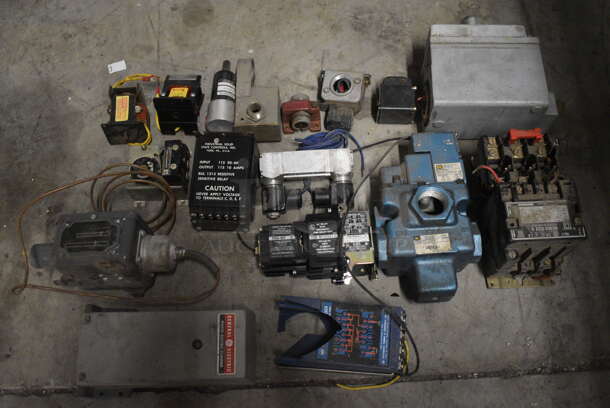 ALL ONE MONEY! Lot of Various Metal Pieces in Poly Bin Including Electric Scanner, AC Relay w Pneumatic Time Delay Unit! - Image 1 of 7