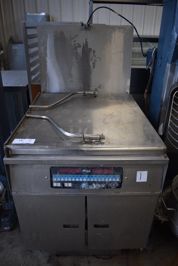 AWESOME! Pitco Frialator Model 24RUFM Stainless Steel Commercial Floor Style Natural Gas Powered Donut Fryer w/ Grease Trap. 72,000 BTU. 30x44x57 - Image 1 of 10