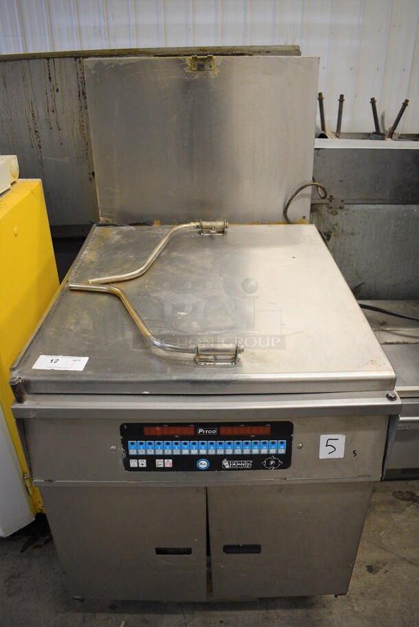 AWESOME! Pitco Frialator Model 24RUFM Stainless Steel Commercial Floor Style Natural Gas Powered Donut Fryer w/ Grease Trap. 72,000 BTU. 30x44x57 - Image 1 of 10