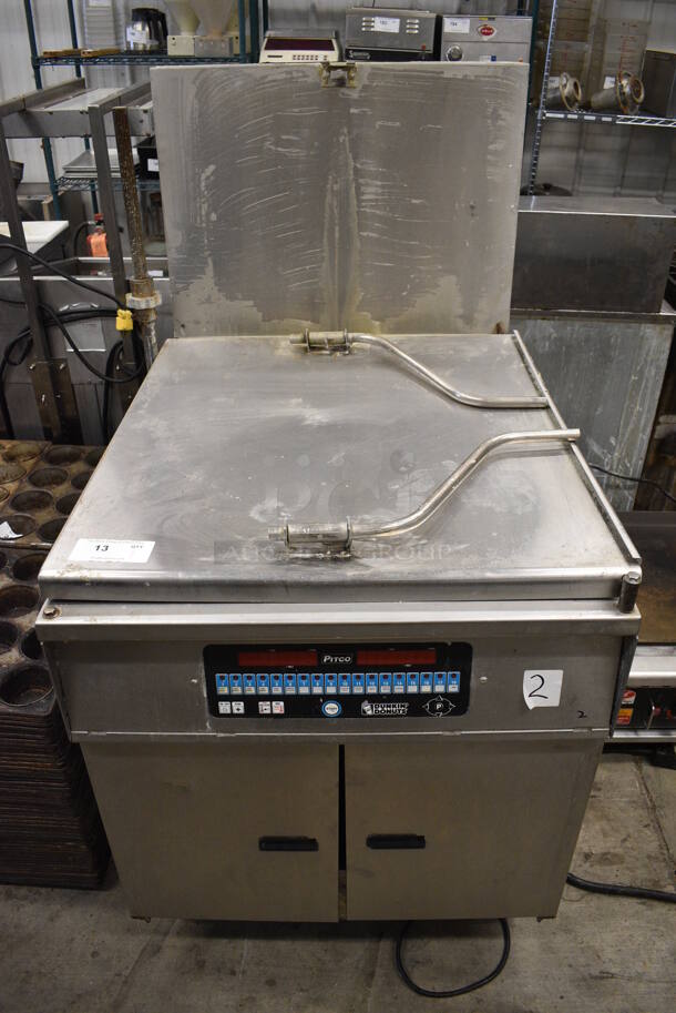 AWESOME! Pitco Frialator Model 24RUFM Stainless Steel Commercial Floor Style Natural Gas Powered Donut Fryer w/ Grease Trap. 72,000 BTU. 30x44x57 - Image 1 of 7