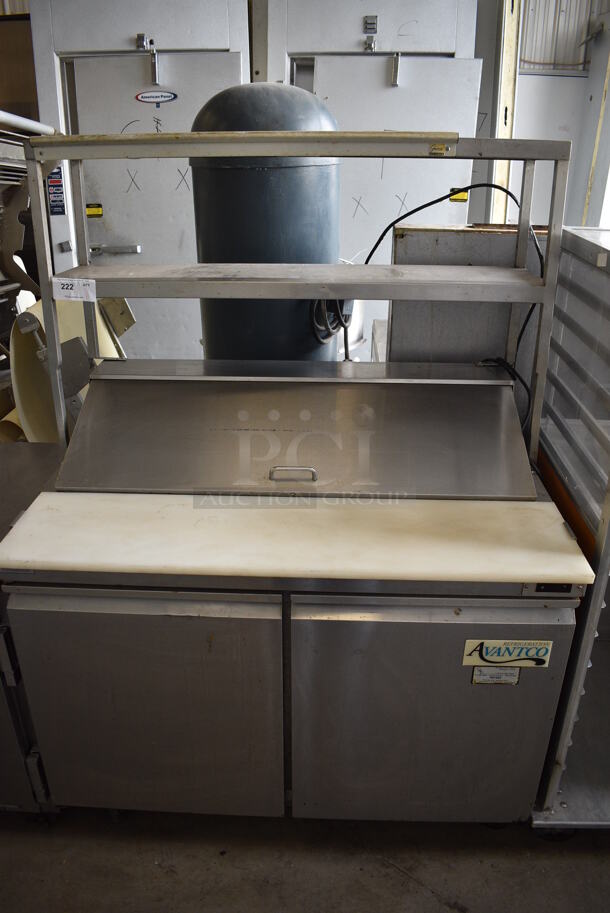 SWEET! Avantco Model 178SCL2 Stainless Steel Commercial Sandwich Salad Prep Table w/ Overshelf and Cutting Board on Commercial Casters. 115 Volts, 1 Phase. 47x31x66. Tested and Powers On But Does Not Get Cold