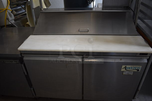 SWEET! Avantco Model 178SCL2 Stainless Steel Commercial Sandwich Salad Prep Table w/ Overshelf and Cutting Board on Commercial Casters. 115 Volts, 1 Phase. 47x31x66. Tested and Powers On But Does Not Get Cold - Image 4 of 7