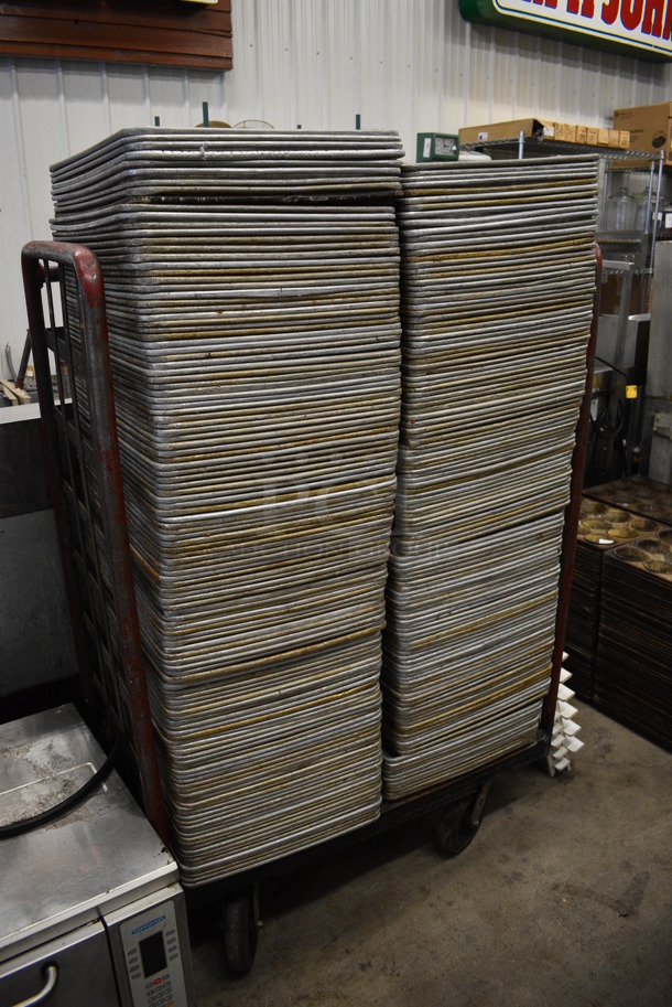 249 Metal Full Size Baking Pans w/ Metal Commercial Cart on Commercial Casters. 18x26x1, Cart: 40x26x61. 249 Times Your Bid!