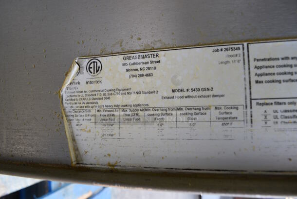 FANTASTIC! 11.5' Greasemaster Model 5430 GSN-2 Stainless Steel Commercial Grease Hood w/ Filters and Make Up Air Vent. 138x30x54 - Image 5 of 12