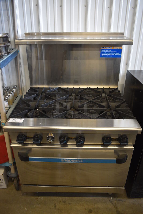 BRAND NEW! SWEET! Radiance Stainless Steel Commercial Gas Powered 6 Burner Range w/ Oven, Overshelf and Backsplash. Comes w/ Manual! 36x32x57