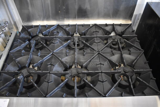 BRAND NEW! SWEET! Radiance Stainless Steel Commercial Gas Powered 6 Burner Range w/ Oven, Overshelf and Backsplash. Comes w/ Manual! 36x32x57 - Image 2 of 9