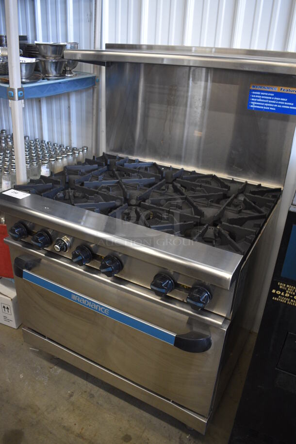 BRAND NEW! SWEET! Radiance Stainless Steel Commercial Gas Powered 6 Burner Range w/ Oven, Overshelf and Backsplash. Comes w/ Manual! 36x32x57 - Image 3 of 9