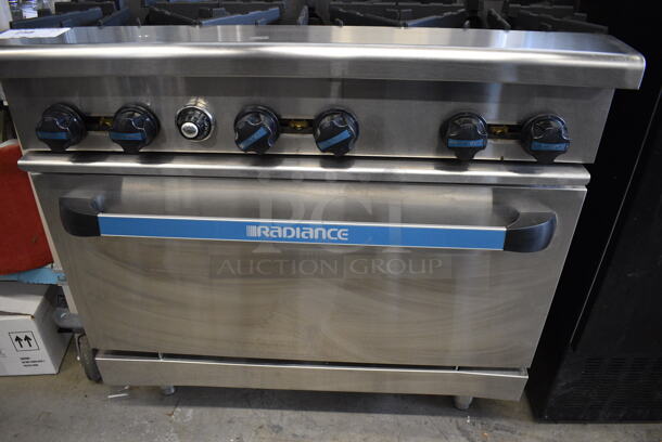 BRAND NEW! SWEET! Radiance Stainless Steel Commercial Gas Powered 6 Burner Range w/ Oven, Overshelf and Backsplash. Comes w/ Manual! 36x32x57 - Image 4 of 9