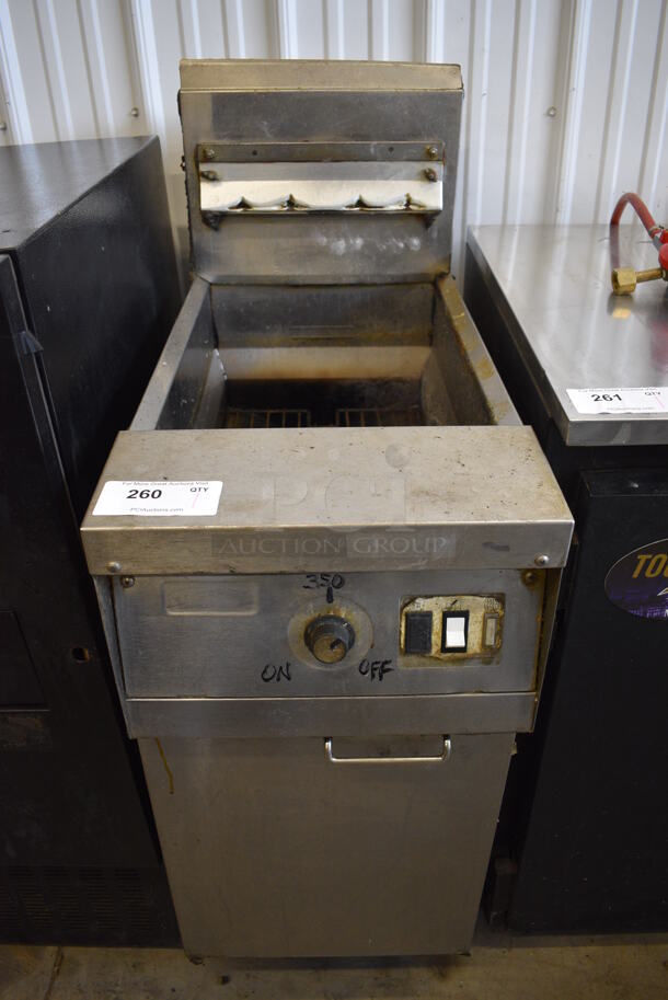 NICE! Frymaster Model MJ145ESD Stainless Steel Commercial Floor Style Natural Gas Powered Deep Fat Fryer. 122,000 BTU. 16x32x47