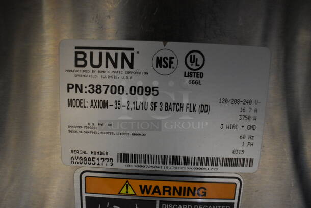 WOW! 2015 Bunn Model AXIOM-35-2 Stainless Steel Commercial Countertop 2 Burner Coffee Machine w/ Metal Brew Basket and 2 Coffee Pots. 120/208-240 Volts, 1 Phase. 8x18.5x23 - Image 5 of 5