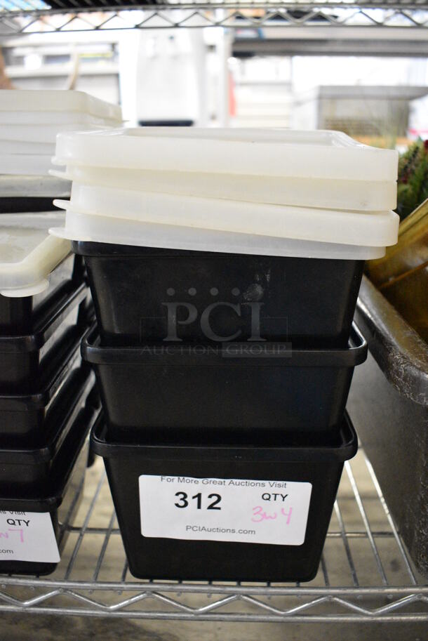 3 Black Poly Bins w/ 4 Lids. 6.5x6.5x5. 3 Times Your Bid! - Image 1 of 2