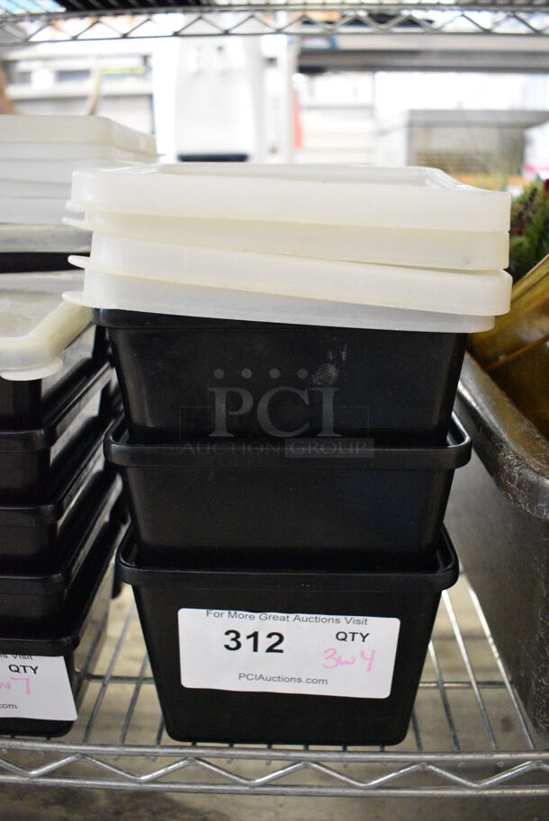 3 Black Poly Bins w/ 4 Lids. 6.5x6.5x5. 3 Times Your Bid!