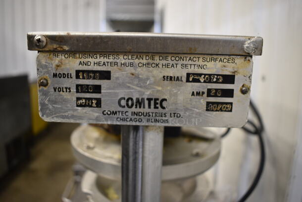 NICE! Comtec Model 1100 Stainless Steel Commercial Countertop Pie Tart Base Crust Press Machine on Stainless Steel Stand. 120 Volts, 1 Phase. 24x20x51. Tested and Working! - Image 6 of 8