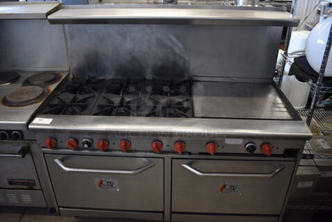 SWEET! Cooking Performance Group Stainless Steel Commercial Gas Powered 6 Burner Range w/ Right Side Flat Top Griddle, 2 Ovens, Overshelf and Backsplash. 60x32x56
