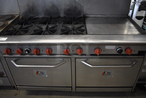 SWEET! Cooking Performance Group Stainless Steel Commercial Gas Powered 6 Burner Range w/ Right Side Flat Top Griddle, 2 Ovens, Overshelf and Backsplash. 60x32x56 - Image 2 of 8
