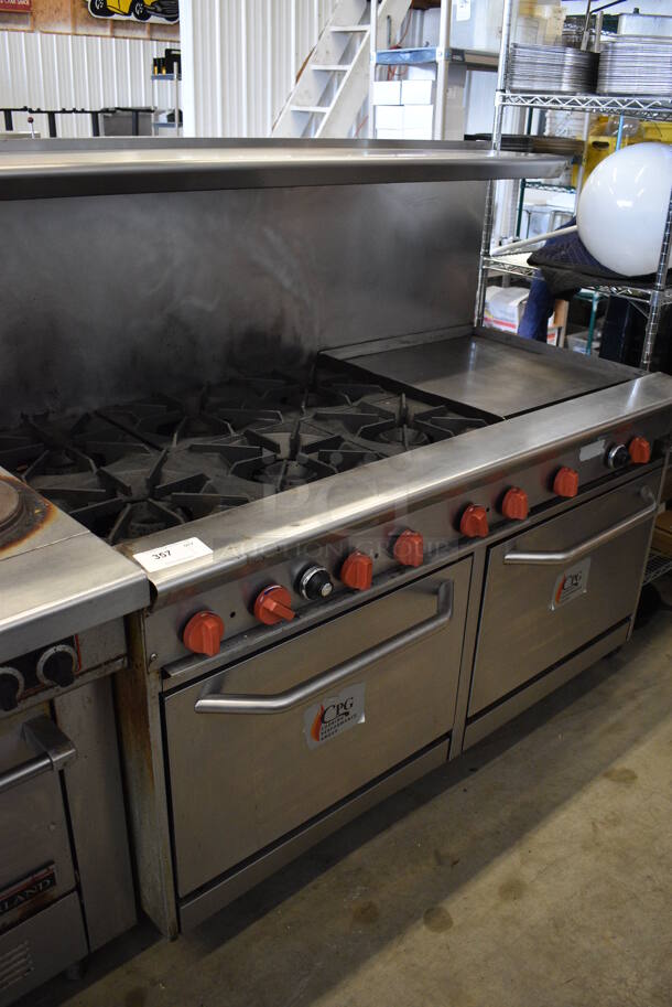 SWEET! Cooking Performance Group Stainless Steel Commercial Gas Powered 6 Burner Range w/ Right Side Flat Top Griddle, 2 Ovens, Overshelf and Backsplash. 60x32x56 - Image 3 of 8