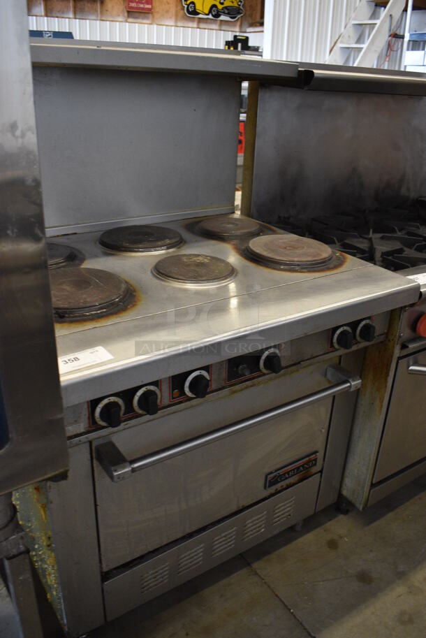 GREAT! Garland Stainless Steel Commercial Electric Powered 6 Burner Range w/ Oven, Overshelf and Backsplash on Commercial Casters. 36x34.5x57 - Image 5 of 6