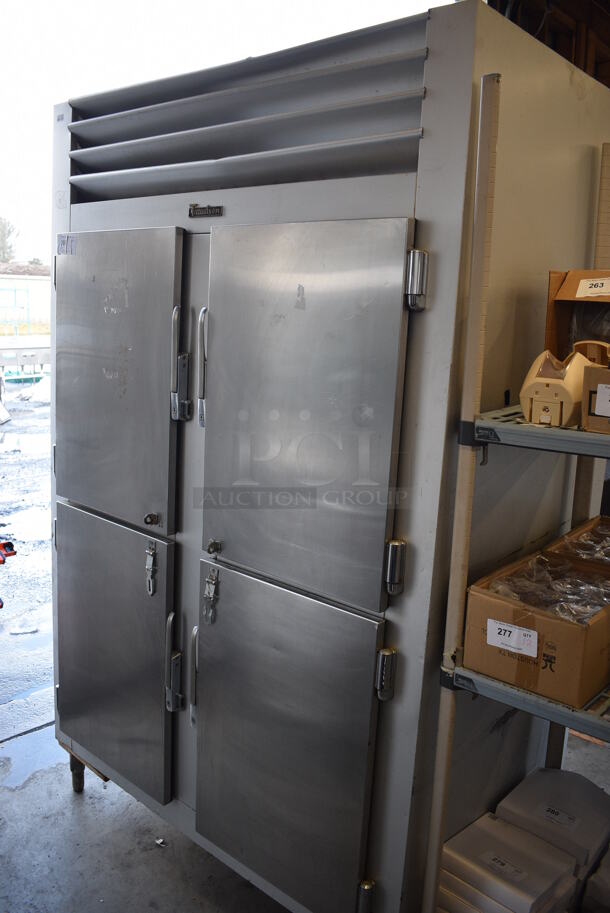 GREAT! Traulsen Stainless Steel Commercial 4 Half Size Door Reach In Pass Through Cooler w/ Metal Racks. 54.5x36x86.5. Cannot Test - Unit Was Previously Hardwired