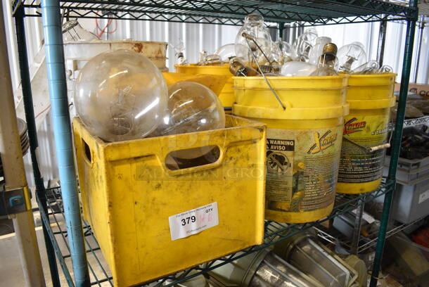 ALL ONE MONEY! Lot of 6 Buckets of Approximately 60 Various Lightbulbs Including Sylvania 250W, Sylvania 400W! Includes 6x6x14