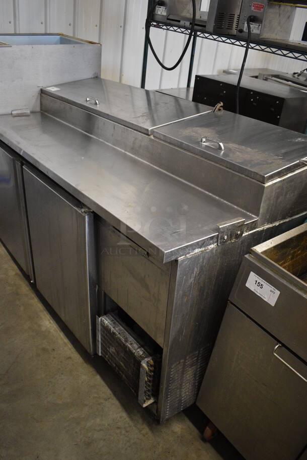 GREAT! Stainless Steel Commercial Pizza Prep Table w/ 2 Lids and 2 Doors on Commercial Casters. Missing 2 Casters. 67x32x45. Tested and Working! - Image 2 of 11