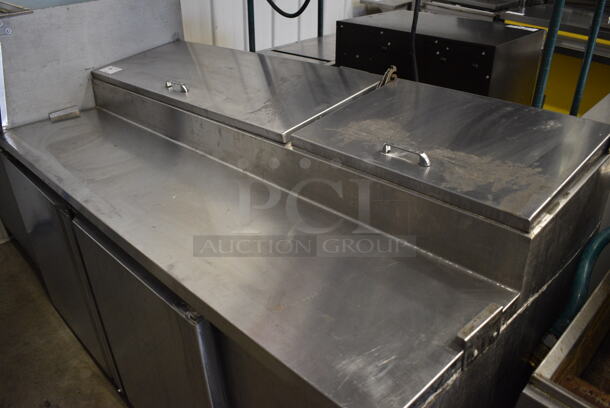 GREAT! Stainless Steel Commercial Pizza Prep Table w/ 2 Lids and 2 Doors on Commercial Casters. Missing 2 Casters. 67x32x45. Tested and Working! - Image 3 of 11