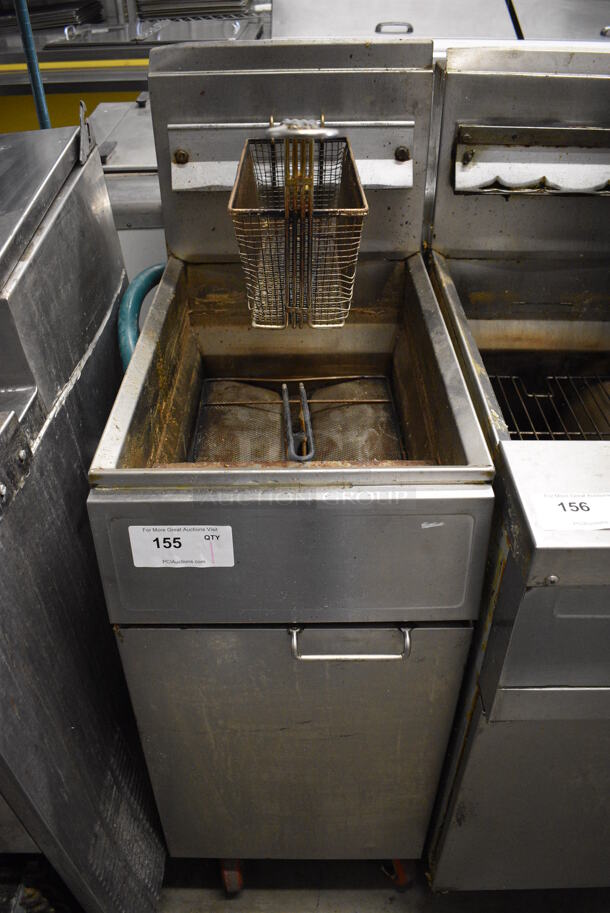 NICE! Frymaster Model GF40SD Stainless Steel Commercial Natural Gas Powered Deep Fat Fryer w/ Metal Fry Basket on Commercial Casters. 122,000 BTU. 15.5x29x47