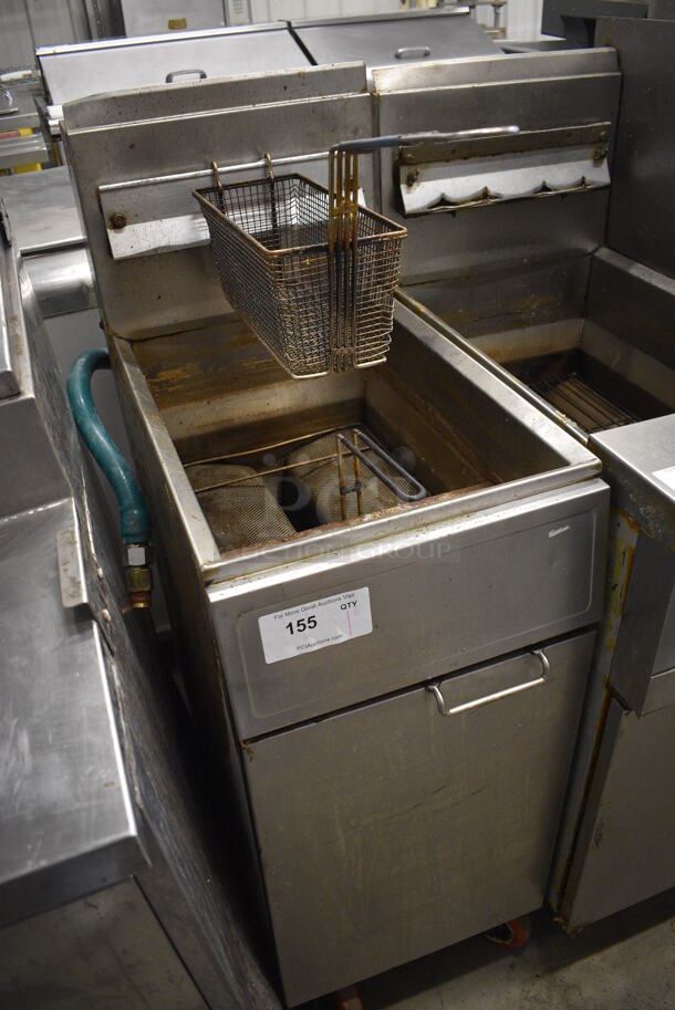 NICE! Frymaster Model GF40SD Stainless Steel Commercial Natural Gas Powered Deep Fat Fryer w/ Metal Fry Basket on Commercial Casters. 122,000 BTU. 15.5x29x47 - Image 2 of 7