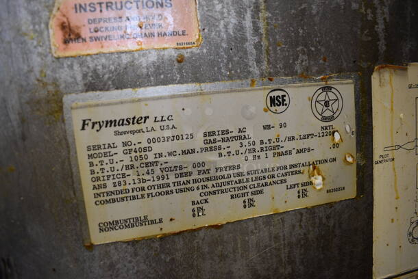NICE! Frymaster Model GF40SD Stainless Steel Commercial Natural Gas Powered Deep Fat Fryer w/ Metal Fry Basket on Commercial Casters. 122,000 BTU. 15.5x29x47 - Image 7 of 7