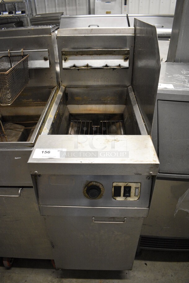 NICE! Frymaster Model MJ145ESD Stainless Steel Commercial Natural Gas Powered Deep Fat Fryer w/ Right Side Splash Guard on Commercial Casters. 122,000 BTU. 16x30x50