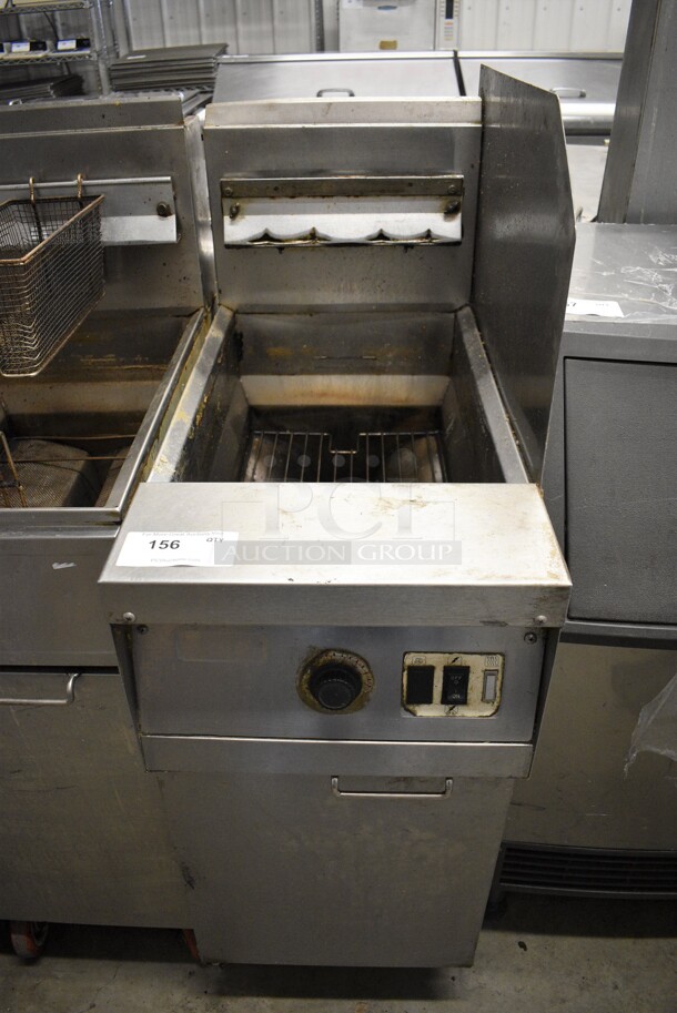 NICE! Frymaster Model MJ145ESD Stainless Steel Commercial Natural Gas Powered Deep Fat Fryer w/ Right Side Splash Guard on Commercial Casters. 122,000 BTU. 16x30x50 - Image 1 of 6