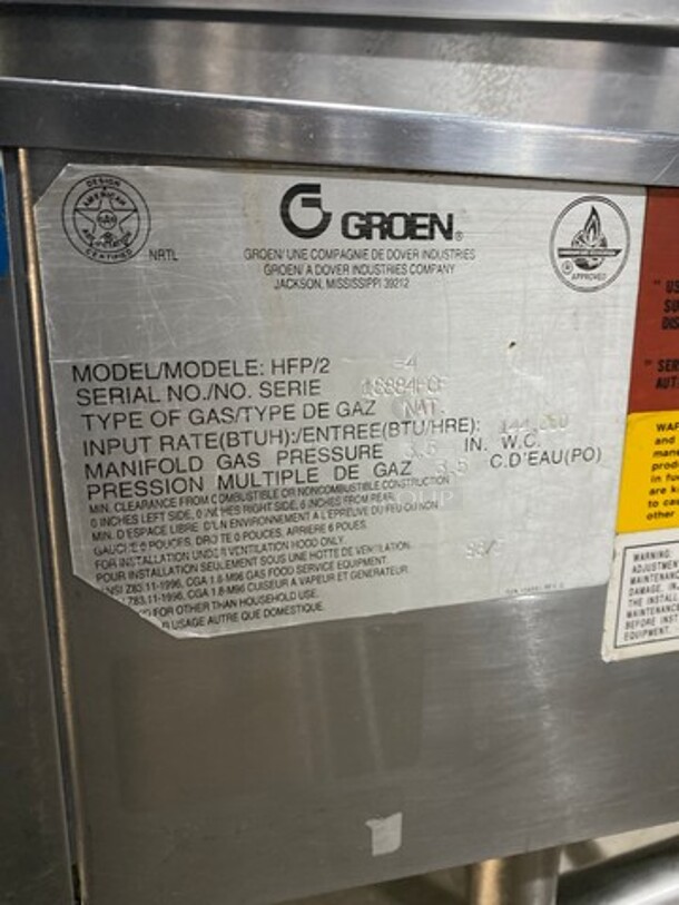 Groen Commercial Natural Gas Powered 40 Gallon Braising Pan Tilt Skillet! All Stainless Steel! Model HFP/2 Serial 18884HCF! On Legs! - Image 8 of 9