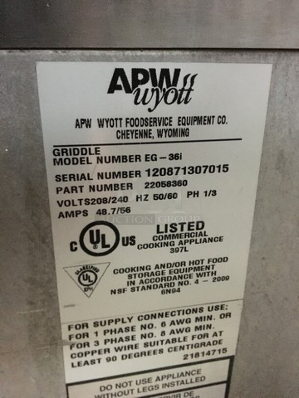 WOW! APW Wyott Commercial Countertop Electric Powered Flat Griddle! With Back & Side Splashes! All Stainless Steel! Model EG36I Serial 120871307015! 208/240V 1/3 Phase! On Legs! - Image 10 of 11