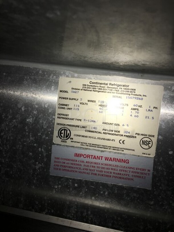Continental Commercial Refrigerated Lowboy Cooler! With 2 Drawers Underneath! All Stainless Steel! Model SW27 Serial 15079268! 115V 1 Phase! - Image 7 of 8