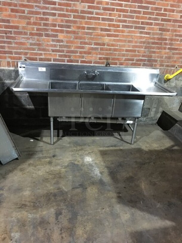 NICE! Sauber Select Commercial 3 Compartment Sink! With Left & Right Side Drainboards! All Stainless Steel! Model PA0010! On Legs!