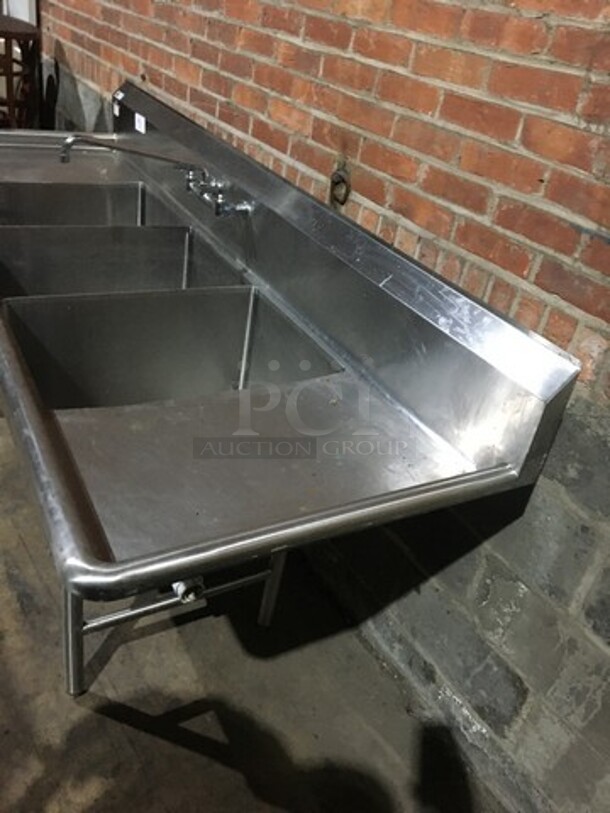 NICE! Sauber Select Commercial 3 Compartment Sink! With Left & Right Side Drainboards! All Stainless Steel! Model PA0010! On Legs! - Image 3 of 10