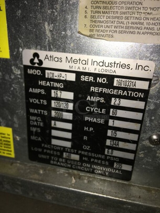 Atlas Metals Refrigerated Drop In Cold Pan/Salad Bar Unit! Model WCMHP3 Serial 16010331A! 120V 1Phase! - Image 9 of 11