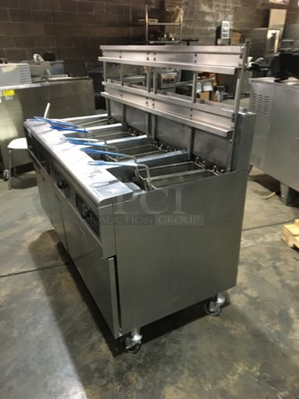 AMAZING! Frymaster Commercial Natural Gas Powered 4 Bay Deep Fat Fryers! With Backsplash! With 8 Metal Frying Baskets! With Grease Filter! All Stainless Steel! Model FPPH455SC Serial 1301IF0051! 110/120V 1Phase! On Commercial Casters! - Image 2 of 12
